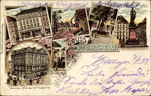 Litho Pforzheim im Schwarzwald, Denkmal, Schelmenturm, Insel, Warenhaus