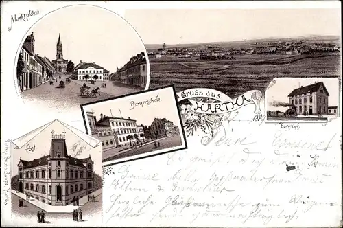 Litho Hartha in Sachsen, Bahnhof, Bürgerschule, Marktplatz, Post