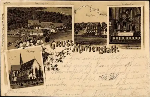 Litho Streithausen im Westerwald, Abtei Marienstatt, Gnadenaltar, Pilgerhaus, Kirche, Totalansicht