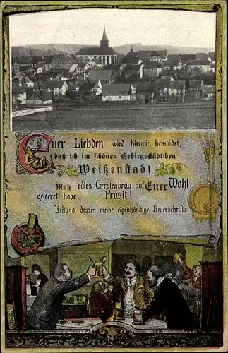 Ak Weißenstadt im Tal der Eger Fichtelgebirge, Panorama vom Ort, Stammtisch, Anstoßen mit Bier