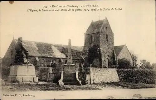 Ak Gréville-Hague Manche, Kirche, Kriegerdenkmal, Statue de Millet