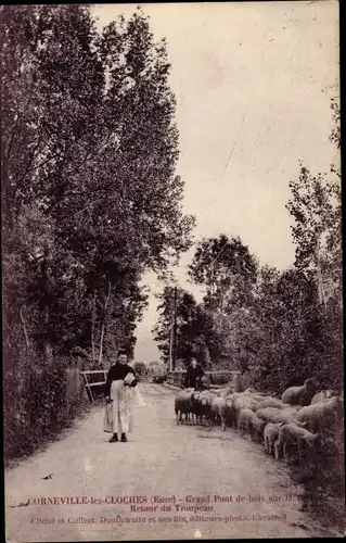 Ak Corneville les Cloches Eure, Grand Pont de bois, Retour de Troupeau