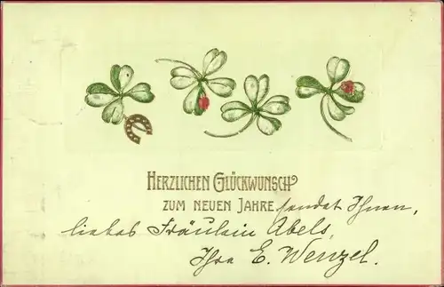 Präge Litho Glückwunsch Neujahr, Kleeblätter, Hufeisen