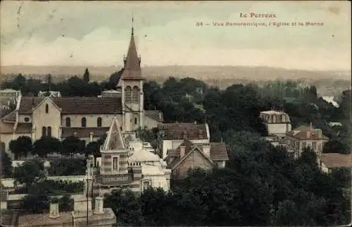 Ak Le Perreux Val de Marne, Vue Panoramique, L'Eglise, La Marne