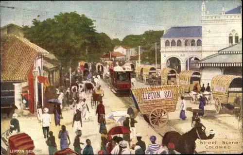 Ak Colombo Sri Lanka, Street Scene, tramway, Lipton tea carriage