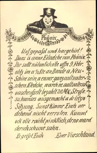 Künstler Ak Einladung, Verein Phönix, Mann mit Zylinder