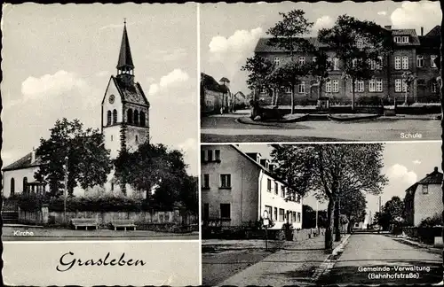 Ak Grasleben in Niedersachsen, Kirche, Schule, Gemeindeverwaltung