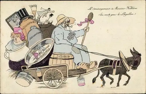 Künstler Ak Le demenagement de Monsieur Fallieres, Eselkarren, Souvenirs, Karikatur