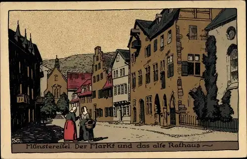 Steindruck Ak Bad Münstereifel in Nordrhein Westfalen, Markt, altes Rathaus