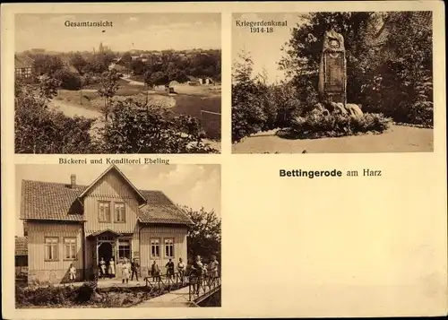 Ak Bettingerode Bad Harzburg in Niedersachsen, Kriegerdenkmal, Bäckerei Ebeling, Totalansicht
