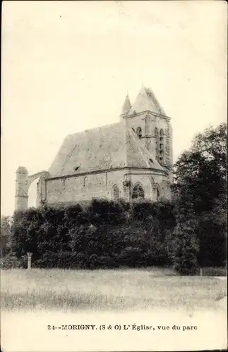 Ak Morigny Essonne, Eglise, vue du parc