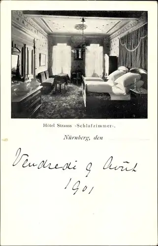 Ak Nürnberg in Mittelfranken, Hotel Strauss, Schlafzimmer