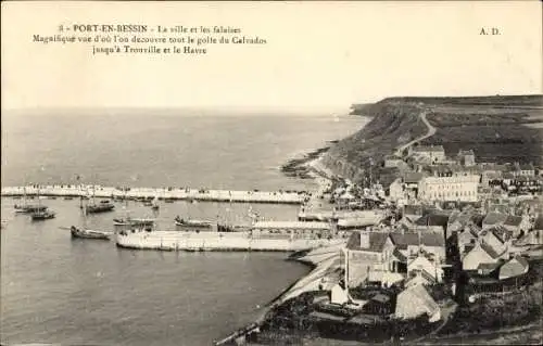 Ak Port en Bessin Calvados, Vue generale, Les Falaises