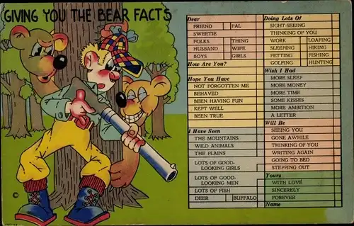 Künstler Ak Giving you the bear facts, Jäger mit Gewehr, Bären