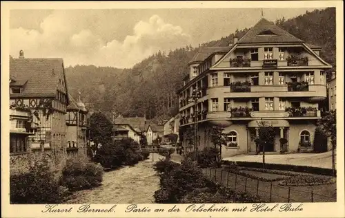 Ak Bad Berneck Bayreuth Bayern, Partie an der Oelschnitz mit Hotel Bube