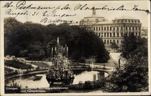 Ak Erlangen in Mittelfranken Bayern, Schlossgarten mit Emigrantenbrunnen, Kollegienhaus