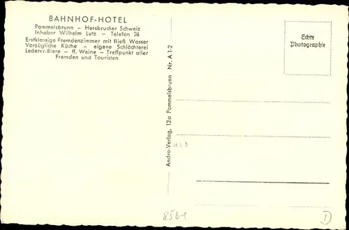 Ak Pommelsbrunn Mittelfranken, Bahnhof Hotel, Gastraum