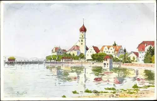 Künstler Ak Marschall, J., Wasserburg am Bodensee Schwaben, Wasserpartie, Ortspartie