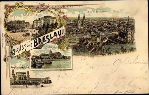 Litho Wrocław Breslau in Schlesien, Blick vom Elisabethturm, Tauentzien Platz, Bahnhof