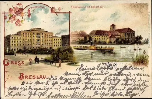 Litho Wrocław Breslau in Schlesien, Sandkirche, Bibliothek, Tauentzien Platz