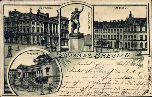 Litho Wrocław Breslau in Schlesien, Stadthaus, Stadttheater, Museum, Blücherdenkmal