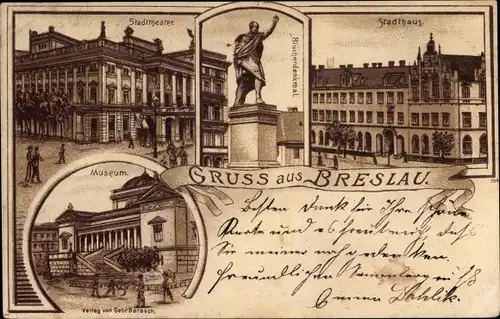 Litho Wrocław Breslau in Schlesien, Stadthaus, Stadttheater, Museum, Blücherdenkmal