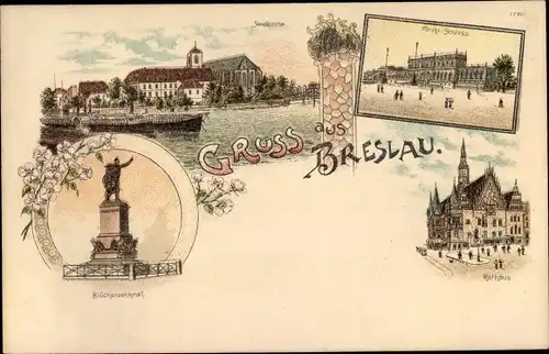 Litho Wrocław Breslau in Schlesien, Blücherdenkmal, Schloss, Rathaus, Sandkirche