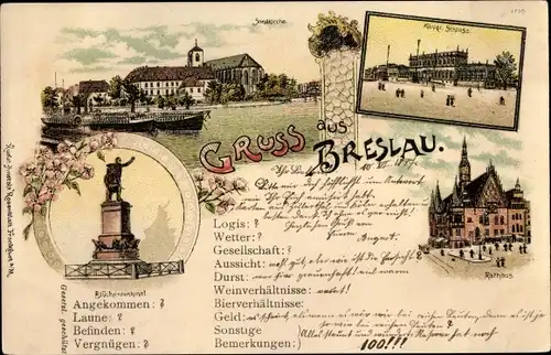 Litho Wrocław Breslau in Schlesien, Blücherdenkmal, Schloss, Rathaus, Sandkirche