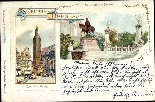 Litho Wrocław Breslau in Schlesien, Denkmal Kaiser Wilhelm, Elisabethkirche