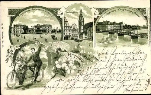 Litho Wrocław Breslau in Schlesien, Tandem, Lessingbrücke, Regierungsgebäude, Bahnhof