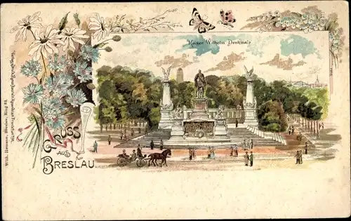 Passepartout Litho Wrocław Breslau in Schlesien, Kaiser Wilhelm Denkmal, Schmetterlinge