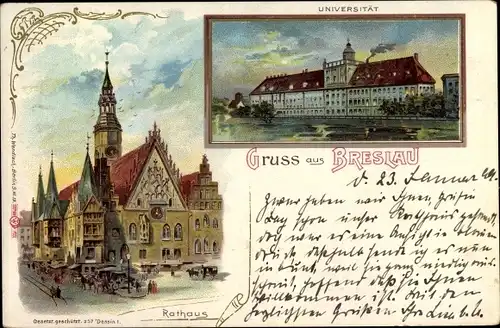 Litho Wrocław Breslau in Schlesien, Universität, Rathaus