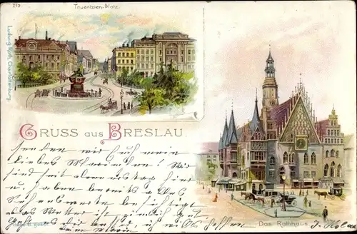 Litho Wrocław Breslau in Schlesien, Rathaus, Tauentzienplatz