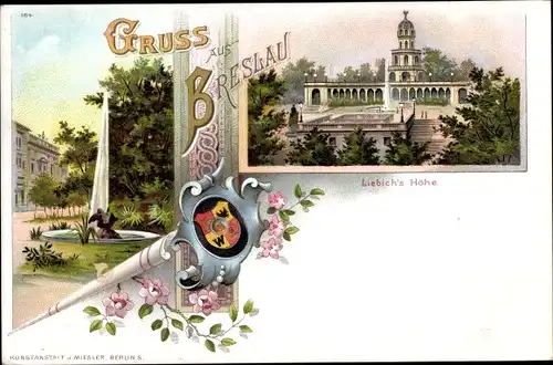 Wappen Litho Wrocław Breslau in Schlesien, Liebichshöhe, Springbrunnen