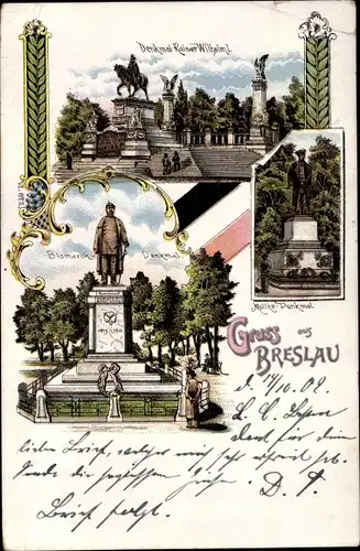 Litho Wrocław Breslau in Schlesien, Bismarck Denkmal, Denkmal Kaiser Wilhelm I, Moltke Denkmal