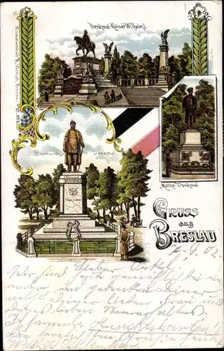 Litho Wrocław Breslau in Schlesien, Bismarck Denkmal, Moltke Denkmal, Denkmal Kaiser Wilhelm I