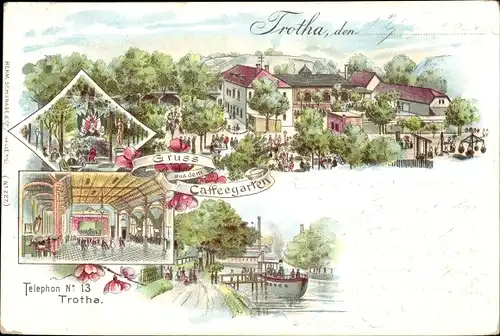 Litho Trotha Halle an der Saale, Cafégarten, Innenansicht, Anlegestelle