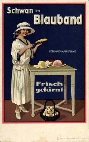 Ak Schwan im Blauband Feinkost Margarine Werbung, Frau bestreicht eine Brotschnitte