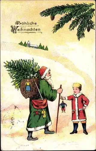 Ak Frohe Weihnachten, Weihnachtsmann überbringt einem Jungen Geschenke, Hampelmann