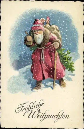 Ak Frohe Weihnachten, Weihnachtsmann überbringt Geschenke im Schneegestöber