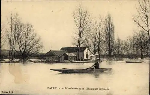 Ak Mantes Yvelines, Les Inondations 1910, Restaurant Robinson, Hochwasser, Ruderboot