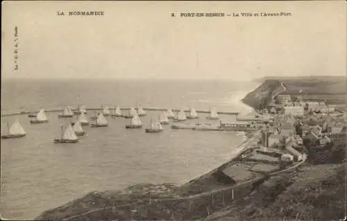 Ak Port en Bessin Calvados, La Ville et l'Avant Port