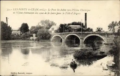 Ak Les Ponts de Cé Maine et Loire, Le Pont St Aubin vers l'Usine Electrique