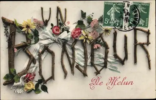Ak Melun Seine et Marne, un Bonjour, Blumen