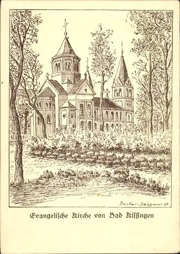 Künstler Ak Becker-Sessmar, Bad Kissingen Unterfranken Bayern, Evangelische Kirche