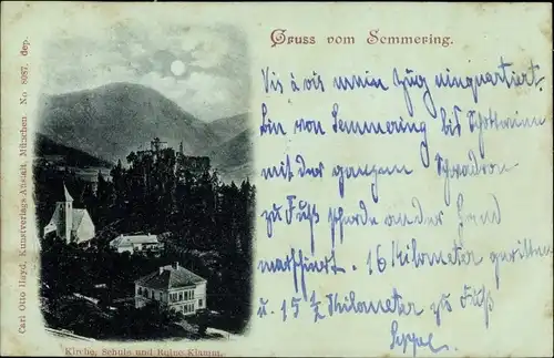 Mondschein Ak Semmering in Niederösterreich, Kirche, Schule, Ruine Klamm