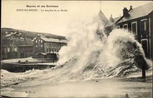 Ak Port en Bessin Calvados, La tempete du 21 Fevrier