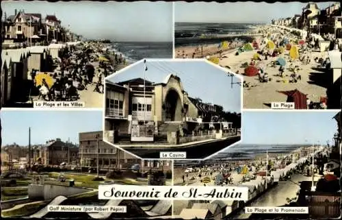 Ak Saint Aubin sur Mer Calvados, La Plage, Golf Miniature, La Promenade, Le Casino