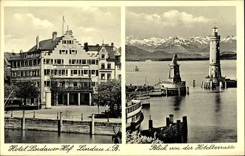 Ak Lindau am Bodensee Schwaben, Hotel Lindauer Hof, Leuchtturm, Löwe