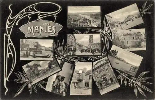 Passepartout Ak Mantes Yvelines, Ortsansichten, Brunnen, Kirche, Rathaus